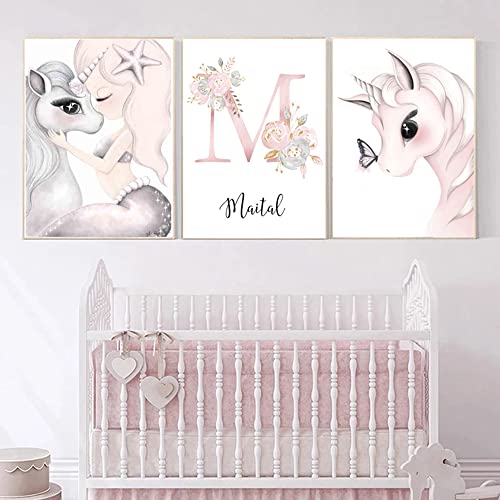 Youihom 3 Name Personalisiert Mädchen Bilder Babyzimmer Rosa 30 x 40 cm Poster Kinderzimmer Einhorn Baby Bild Leinwand Kinderbild ohne Rahmen von Youihom