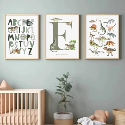 Youihom 3 Personalisierte Bilder mit Namen Baby Dinosaurier Alphabet Poster Wandbilder 30x40 cm Bilder Kinderzimmer Jungen Grün Posterwand Leinwand ohne Rahmen von Youihom