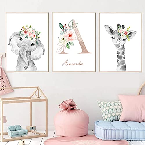 Youihom 3 Personalisierte Bilder mit Namen Kinder 30 x 40 cm Poster Tiere Kinderzimmer Löwe Zebra Safari Baby Bild Leinwand Babyzimmer Mädchen Geschenke ohne Rahmen von Youihom