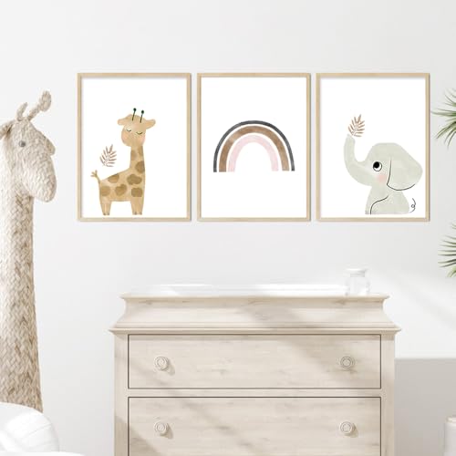 Youihom 3 Poster Boho Kinder Giraffe Elefant Regenbogen Bild Schlafzimmer Baby Jungen Mädchen Poster Beige 30 40 Poster Wanddekoration Kinder Wandposter Kinderzimmer Baby Jungen Geschenk Leinwand von Youihom