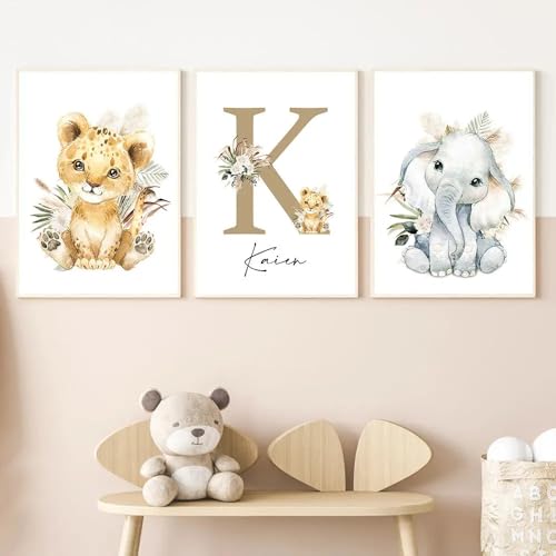 Youihom 3 Poster Golden Name Personalisiert Baby 30 x 40 cm Leinwand Tiere Kinder Löwe Elefant Bilder Kinderzimmer Jungen Wandbild Babyzimmer Junge Wanddeko Mädchen ohne Rahmen von Youihom