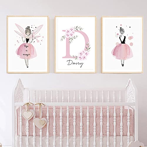 Youihom 3 Poster Name Baby Bilder Zimmer Mädchen Blume Rosa Set 30x40 Leinwand Personalisiert Kinder Deko Schlafzimmer Wand Geschenk ohne Rahmen von Youihom