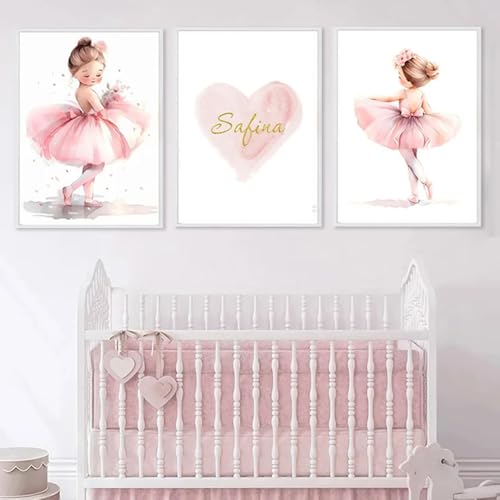 Youihom 3 Bilder Kinderzimmer Mädchen Rosa 30x40 Babyzimmer Poster Personalisiert Wandbilder Kinderzimmer Name Wandposter Baby Ballerina Love Bilderwand Leinwand ohne Rahmen (CZS039) von Youihom