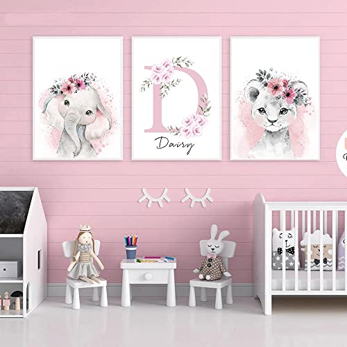 Youihom 3 Poster Namen Personalisiert Jungen Mädchen a3 Bilder Waldtiere Elefant Löwe Blumen Rosa Wanddekoration Baby Kinder Schlafzimmer Spielzimmer Geschenk 30 x 40 cm ohne Rahmen von Youihom