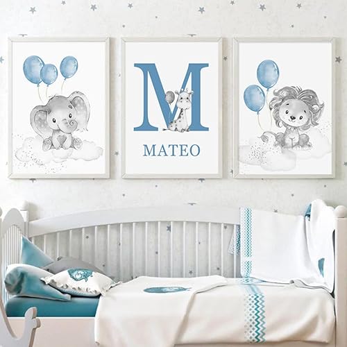 Youihom 3 Poster Nordisch Personalisierbar Baby Name Bilder Dekoration Kinderzimmer Babyzimmer Tierbild Blau Löwe Elefant Wolke Leinwand Jungen Mädchen 30 x 40 cm ohne Rahmen von Youihom