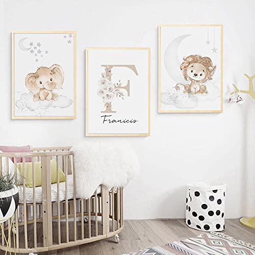 Youihom 3 Poster Personalisiert Junge Name Bilder Namen Löwe Elefant Beige Braun Mond Wolken Sterne 30x40 Leinwand Schlafzimmer Wanddekoration Kinder Baby Geschenk ohne Rahmen von Youihom