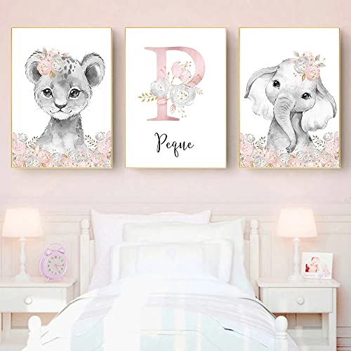 Youihom 3 Poster Personalisierte Kinder Name Baby 30 x 40 cm Mädchen Zimmer Dekoration Leinwand Safari Elephant Löwe Baby Schlafzimmer Wandbild Geschenk ohne Rahmen von Youihom