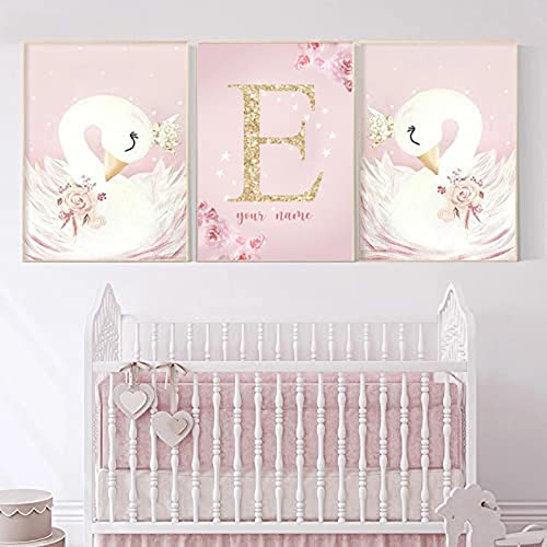 Youihom 3 Poster Personalisierte Kinder Name Bilder Mädchen Kinderzimmer Babyzimmer Dekoration Kunstdrucke Rose Schwan Text Leinwand Geschenk A3 ohne Rahmen von Youihom