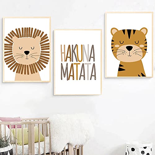 Youihom 3 Poster Tiere Kinder Bild Kinderzimmer Jungen 30 x 40 cm Boho Poster Safari Löwe Tiger Hakuna Matata Bild Wanddekoration Babyzimmer Drucke auf Leinwand ohne Rahmen von Youihom