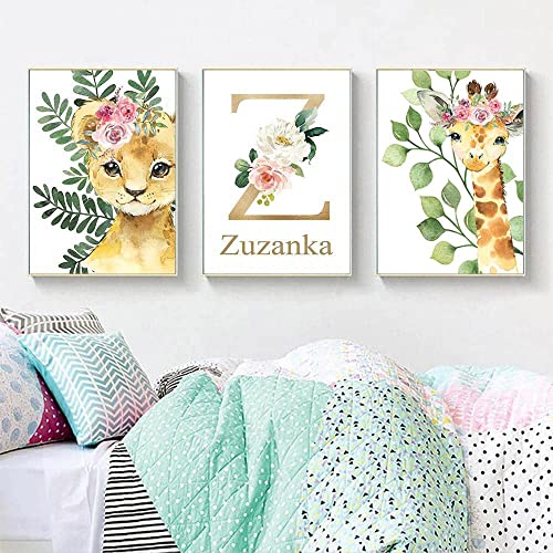 Youihom 3 Poster Waldtiere Kinderzimmer Löwe Giraffe Gold 30 x 40 cm Bilder Namen Personalisiert Kinder Mädchenzimmer Blumen Rosa Blätter Grün Wanddekoration Geschenk wandbild Leinwand ohne Rahmen von Youihom