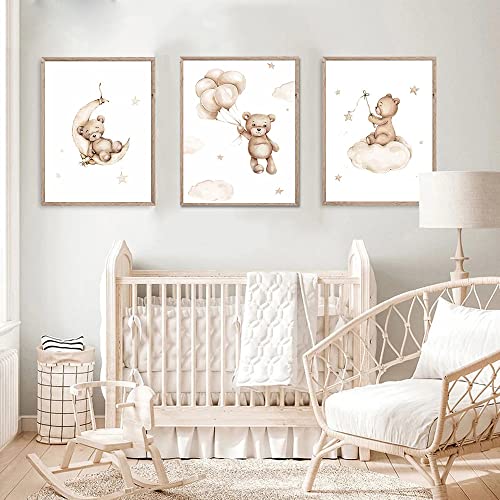 Youihom 3 Bilder Kinderzimmer Bär Beige Poster Babyzimmer 30x40 Wandbilder Kinder Mond Sterne Wolken Luftballons Wandposter Baby Mädchen und Jungen Wandbild Leinwand ohne Rahmen von Youihom