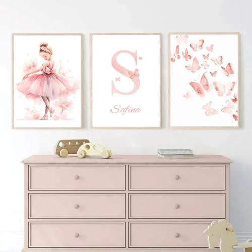 Youihom 3 Bilder Kinderzimmer Mädchen Rosa Name Poster Personalisiert Baby Schmetterling Ballerina Bilder Kinder Wandposter 30x40 Babyzimmer Wandbilder Leinwand ohne Rahmen von Youihom