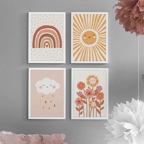 Youihom 4 Kinderzimmer Bilder Mädchen Beige Poster Regenbogen Boho Leinwand Mädchenzimmer Bild für Babyzimmer Sonne Wolke Blume Wandposter 21 x 30 cm ohne Rahmen von Youihom