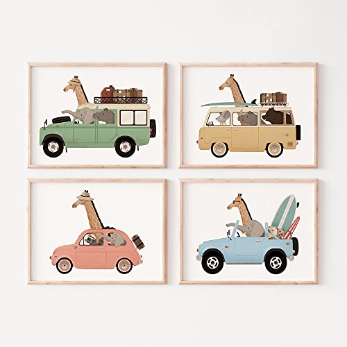 Youihom 4 Poster Junge Deko Schlafzimmer Giraffe Kinder Poster Auto Leinwand Schlafzimmer Baby Bild Baby Mädchen Geschenk 21x30cm ohne Rahmen von Youihom