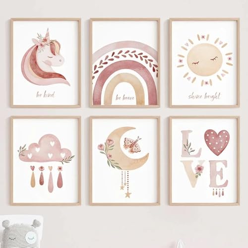 Youihom 6 Bilder Kinderzimmer Einhorn Rosa Poster Regenbogen Boho Wandposter Babyzimmer Mädchen Wandbilder Wolke Sonne Mond Zitate Bilderwand Leinwand 21x30 cm ohne Rahmen von Youihom