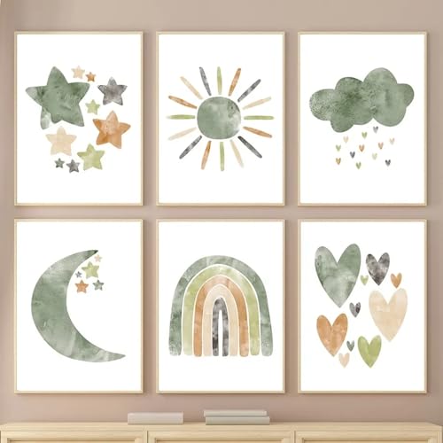 Youihom 6 Bilder Kinderzimmer Jungen Grün Bilderwand Set Boho Poster Babyzimmer Regenbogen Wandposter Mond Sonne Wolke Sterne Liebe Wandbilder Leinwand 21x30 cm ohne Rahmen von Youihom