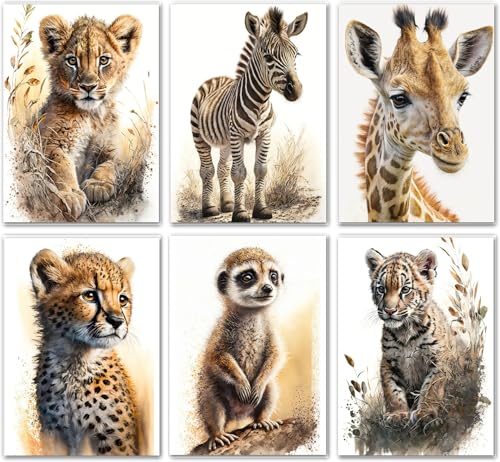 Youihom 6 Bilder Kinderzimmer Jungen Safari Poster Set Braun Poster Babyzimmer Tiere Löwe Giraffe Zebra Tiger Leopard Waschbär Wandbilder Leinwand 21x30 cm ohne Rahmen von Youihom