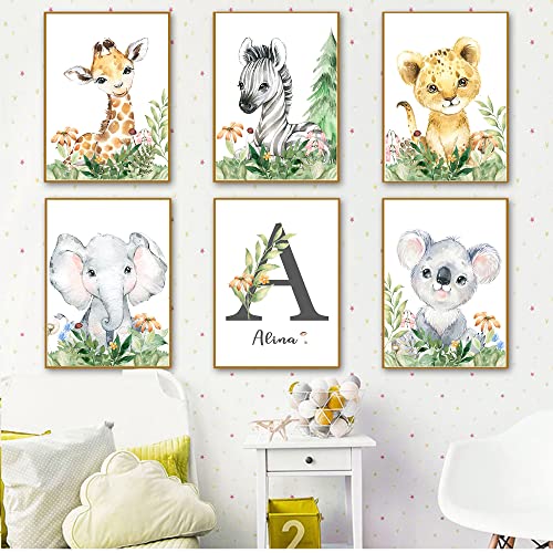 Youihom 6 Name Bild Personalisiert Baby Bilder Kinderzimmer Jungen Grün Wandbilder Babyzimmer Safari Tier Poster Giraffe Zebra Löwe Elefant Kinder Drucke auf Leinwand Wandbild Blatt 21x30 ohne Rahmen von Youihom