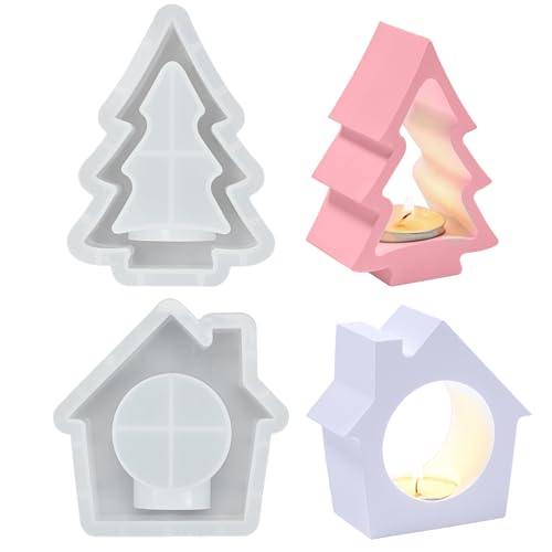 2 Stück Silikonform Gießform Weihnachten Haus, Gießformen Weihnachten Silikonformen Kerzenhalter Häuser, Giessformen Silikon Weihnachten（Weihnachtsbaum und Haus） (Set1) von Youkly