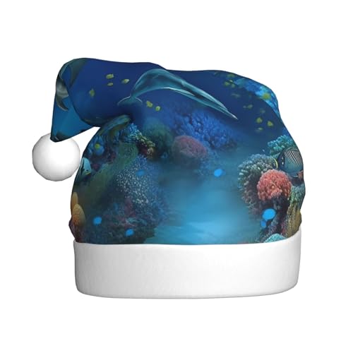 YoupO Underwater World Delfine Coral bedruckte Weihnachtsmütze, Weihnachtsmannmütze, Urlaub für Erwachsene, Unisex, Weihnachtsmütze für Neujahr, festliche Party von YoupO