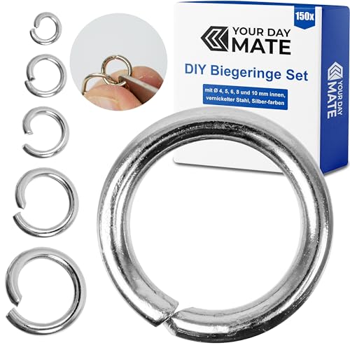 DIY Biegeringe Set, Ø 4-10 mm innen, 150 Stück, veredelter Stahl, Silber-farben, Metallringe Schmuckherstellung, O-Ring Schlüsselanhänger, Anhänger Schlüssel, offene Kettenringe, Rundspaltringe Ösen von Your Day Mate