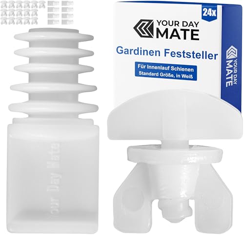 Gardinen Feststeller Set, 24 Stück, in Weiß, aus Kunststoff, 2 Varianten, Gardinen Stopper für Schienensysteme mit Innenläufen, Zwischenfeststeller Vorhangschiene, Endstopfen Schiene, Endfeststeller von Your Day Mate