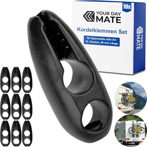 Kordelklemmen für Gummispanner, 10 Stück, Schwarz, aus Kunststoff, Kordelstopper für Gummiseil, Latexband, Nylonkordel, Gepäckspanner Stopper für Schild Befestigung, Klemmenkopfstück Spanner Zurrgurt von Your Day Mate