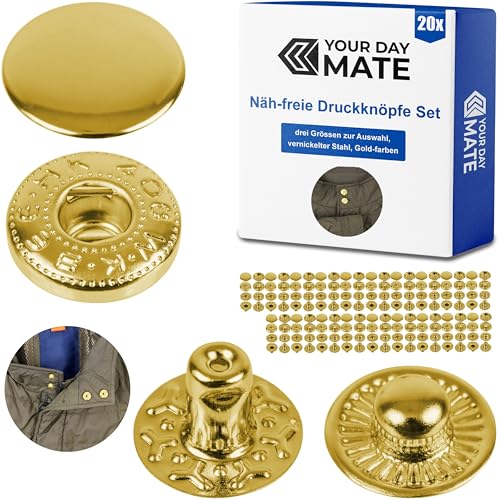 Näh-freie Druckknöpfe, Ø 10 mm, 20 Paare, in Golden, Set ohne Werkzeug, Stoffclips für DIY, Druckknopf mit Ringfeder Verschluss, Reparatur Metall Knöpfe, Ersatz Knopf Nähzubehör, Ringfederdruckknopf von Your Day Mate