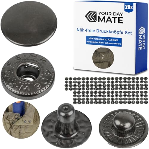 Näh-freie Druckknöpfe, Ø 15 mm, 20 Paare, Schwarz-Grau, Set ohne Werkzeug, DIY Stoffclips, Druckknopf mit Ringfeder Verschluss, Reparatur Metall Knöpfe, Ersatz Knopf Nähzubehör, Ringfederdruckknopf von Your Day Mate