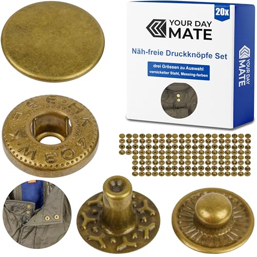 Näh-freie Druckknöpfe, Ø 15 mm, 20 Paare, in Bronze, Set ohne Werkzeug, Stoffclips für DIY, Druckknopf mit Ringfeder Verschluss, Reparatur Metall Knöpfe, Ersatz Knopf Nähzubehör, Ringfederdruckknopf von Your Day Mate