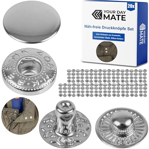 Näh-freie Druckknöpfe, Ø 15 mm, 20 Paare, in Silber, Set ohne Werkzeug, Stoffclips für DIY, Druckknopf mit Ringfeder Verschluss, Reparatur Metall Knöpfe, Ersatz Knopf Nähzubehör, Ringfederdruckknopf von Your Day Mate