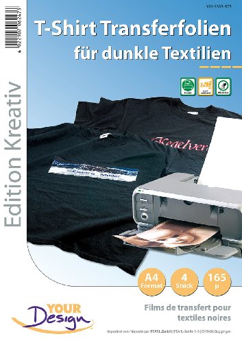 Your Design T Shirt Druck Folien: 4 T-Shirt Transferfolien für bunte Textilien A4 Inkjet (Transferfolie Bügelfolie, Buegelfolie, Bügeleisen) von Your Design