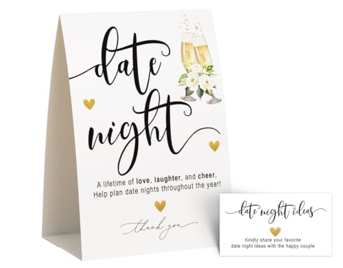 Your Main Event Prints Bridal Shower Games - Date Night Game Schild und Karten - Elegante Rosen mit goldenen Herzen, Brautparty & Hochzeitsempfang Aktivität, selbststehendes 5x7 Schild & 50 Karten für von Your Main Event Prints