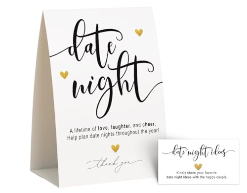 Your Main Event Prints Bridal Shower Games - Date Night Game Schild und Karten - Elegantes Weiß mit goldenen Herzen, Brautdusche & Hochzeitsempfang Aktivität, selbststehendes 5x7 Schild & 50 Karten von Your Main Event Prints