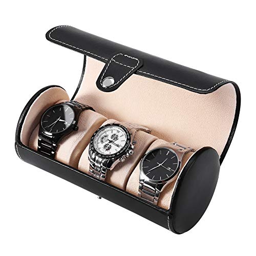 Yowmina 3 Slots der zylindrische Uhrenbox, Uhrenrolle Tragbare, Watch Travel Case for Men, Schmuckschatulle PU Leder Uhren Organizer, Vintage Uhrengehäuse für Männer Frauen (Schwarz) von Yowmina