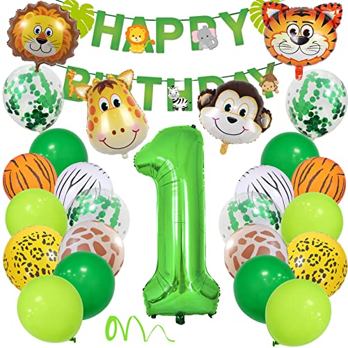 1 Geburtstag Deko Junge Mädchen, Wilde Waldtiere Dschungel Kindergeburtstag Deko 1. Jahr mit Safari Tier Luftballons, Happy Birthday Banner Zahlen Ballon 1 für Kinder Erster Wild One Geburtstagdeko von Yoyoin