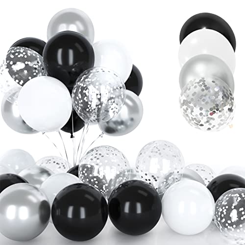 30Pcs Silber und Weiße Luftballon Set, 12 Zoll Metallic Chrom Silber Konfetti Ballons Schwarz und Weiß Latex Luftballons mit Band für Geburtstag Hochzeit Kinder Baby Shower Party Dekorationen von Yoyoin