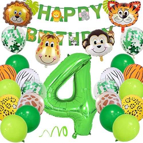 4 Geburtstag Deko Junge Mädchen, Wilde Waldtiere Dschungel Kindergeburtstag Deko 4. Jahr mit Safari Tier Luftballons, Happy Birthday Banner Zahlen Ballon 4 für Kinder Wild Geburtstagdeko von Yoyoin