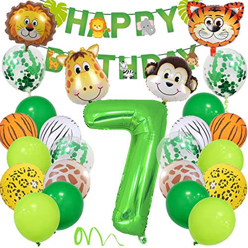 7 Geburtstag Deko Junge Mädchen, Wilde Waldtiere Dschungel Kindergeburtstag Deko 7. Jahr mit Safari Tier Luftballons, Happy Birthday Banner Zahlen Ballon 7 für Kinder Wild Geburtstagdeko von Yoyoin