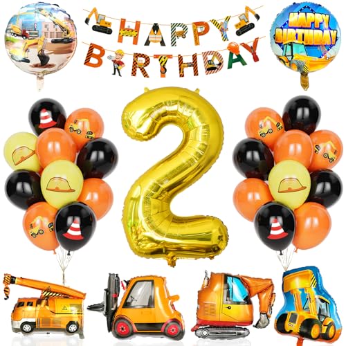 Bagger Deko Kindergeburtstag 2, 29Pcs Partyzubehör für den Bau mit Banner,Ballon Zahlen 2 mit Bulldozer, Gabelstapler Bagger Luftballons für Jungen Kinder Bauparty Geburtstags party Dekorationen von Yoyoin