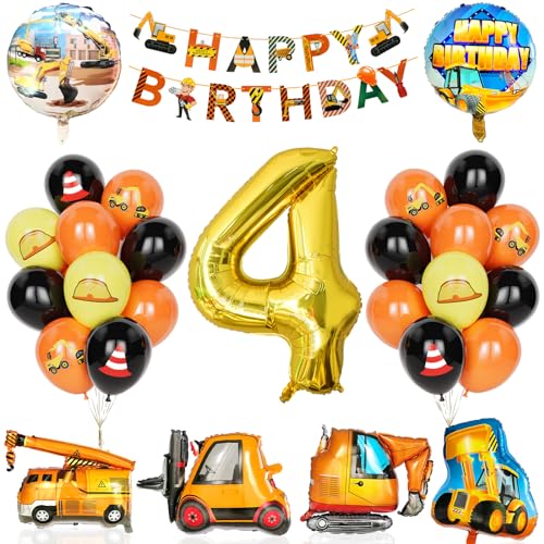 Bagger Deko Kindergeburtstag 4, 29Pcs Partyzubehör für den Bau mit Banner,Ballon Zahlen 4 mit Bulldozer, Gabelstapler Bagger Luftballons für Jungen Kinder Bauparty Geburtstags party Dekorationen von Yoyoin