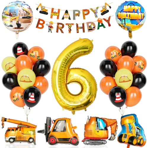 Bagger Deko Kindergeburtstag 6, 29Pcs Partyzubehör für den Bau mit Banner,Ballon Zahlen 6 mit Bulldozer, Gabelstapler Bagger Luftballons für Jungen Kinder Bauparty Geburtstags party Dekorationen von Yoyoin