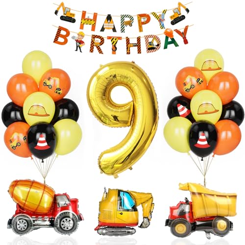 Bagger Deko Kindergeburtstag 9, Geburtstag Party Dekoration 9 Jahre Junge Bagger Luftballons Baustelle Geburtstagsdeko Mit Gold Zahlenballon Happy Birthday Banner Folienballon Geburtstag Partyzubehör von Yoyoin