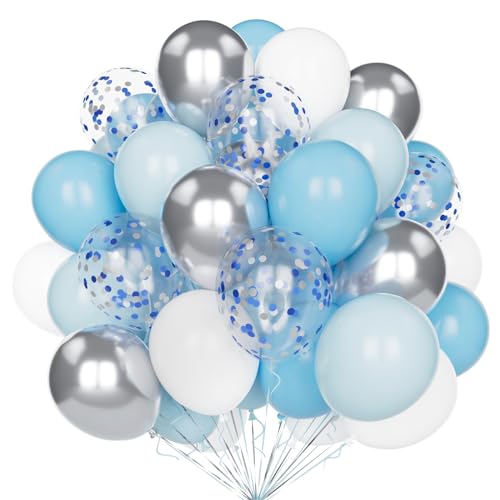 Blau Weiß Silber Luftballons, 60 Stück 12 Zoll Matt Hellblau Pastell Blau Metallic Silber Ballons Set mit Blau Silber Konfetti Helium Latex Luftballons für Geburtstag Hochzeit Babyparty Deko von Yoyoin