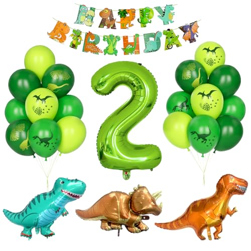 Dino Geburtstag Dekor, Kindergeburtstag Dekoration 2 Jahr Jungen Dinosaurier Luftballons Grüner Zahlenballon 2 Grün Latexballons Helium Dschungel Folienballon Happy Birthday Banner Partyzubehör von Yoyoin