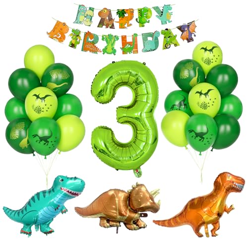 Dino Geburtstag Dekor, Kindergeburtstag Dekoration 3 Jahr Jungen Dinosaurier Luftballons Grüner Zahlenballon 3 Grün Latexballons Helium Dschungel Folienballon Happy Birthday Banner Partyzubehör von Yoyoin