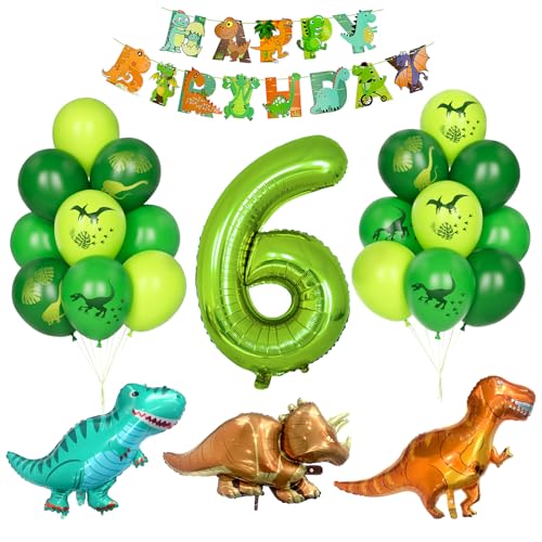 Dino Geburtstag Dekor, Kindergeburtstag Dekoration 6 Jahr Jungen Dinosaurier Luftballons Grüner Zahlenballon 6 Grün Latexballons Helium Dschungel Folienballon Happy Birthday Banner Partyzubehör von Yoyoin