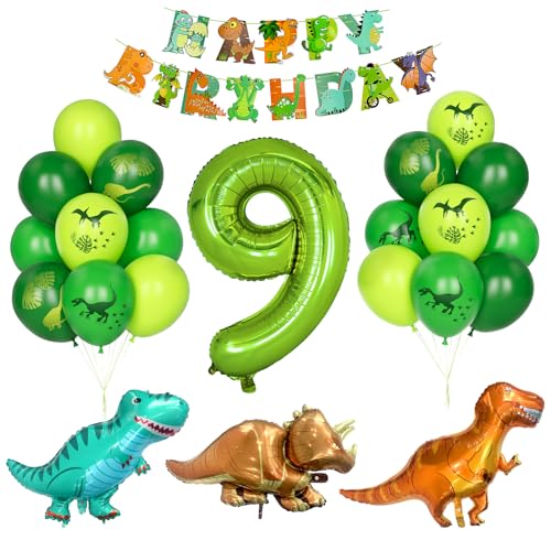 Dino Geburtstag Dekor, Kindergeburtstag Dekoration 9 Jahr Jungen Dinosaurier Luftballons Grüner Zahlenballon 9 Grün Latexballons Helium Dschungel Folienballon Happy Birthday Banner Partyzubehör von Yoyoin