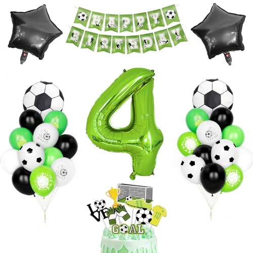 Fussball Geburtstag Dekor, Kindergeburtstag Deko 4 Jahr Jungen Fußball Luftballons Grüner Zahlenballon 4 Schwarz Grün Weiß Latexballons Helium Soccer Folienballon Happy Birthday Banner Partyzubehör von Yoyoin