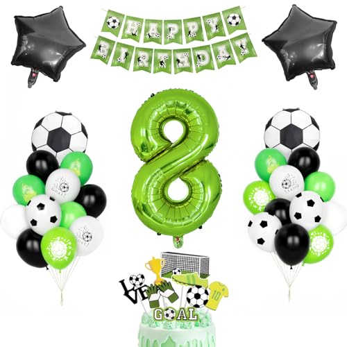 Fussball Geburtstag Dekor, Kindergeburtstag Deko 8 Jahr Jungen Fußball Luftballons Grüner Zahlenballon 8 Schwarz Grün Weiß Latexballons Helium Soccer Folienballon Happy Birthday Banner Partyzubehör von Yoyoin